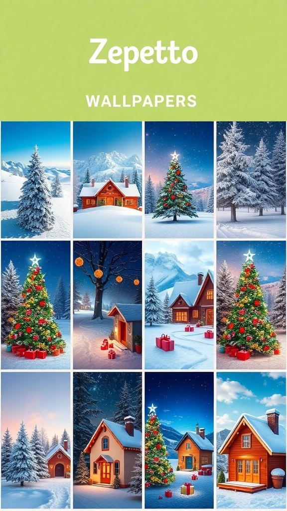 A selection of Christmas aesthetic wallpapers for Zepeto, featuring winter scenes and holiday decorations.